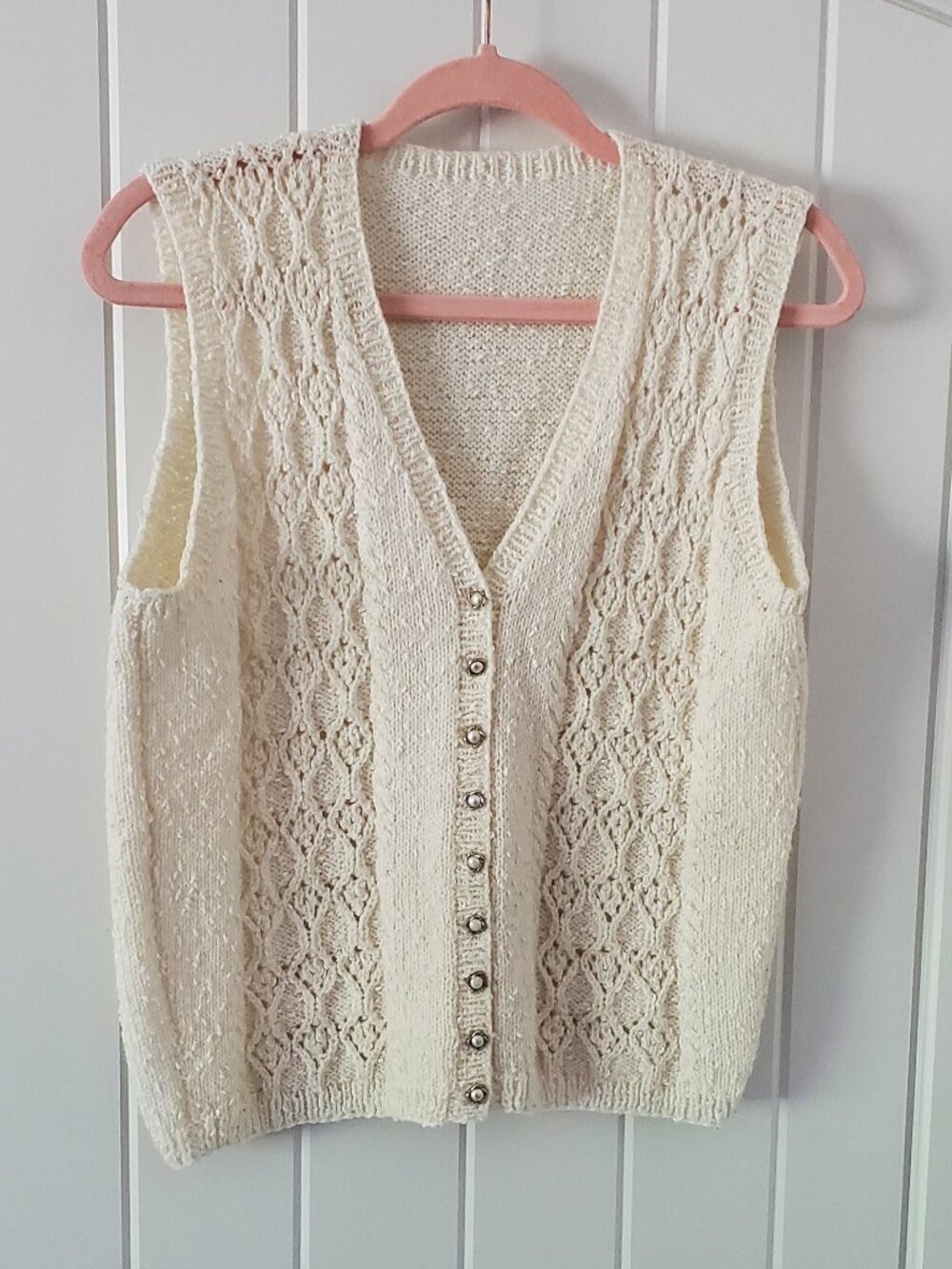 Cream-Colored V-neck Handmade Knit Sweater Vest
